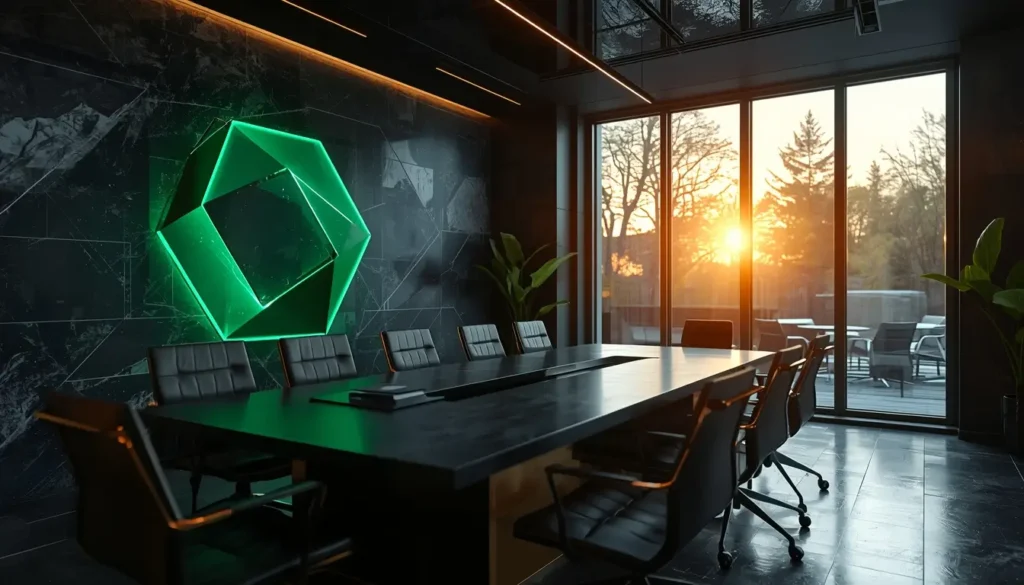 "Ultra-realistic cinematic European startup workspace at sunrise, featuring luxury minimal design with black stone and brushed metal materials, abstract glowing geometric shapes representing ideas, navy blue, emerald green, and gold accents, cinematic lighting, and depth of field."