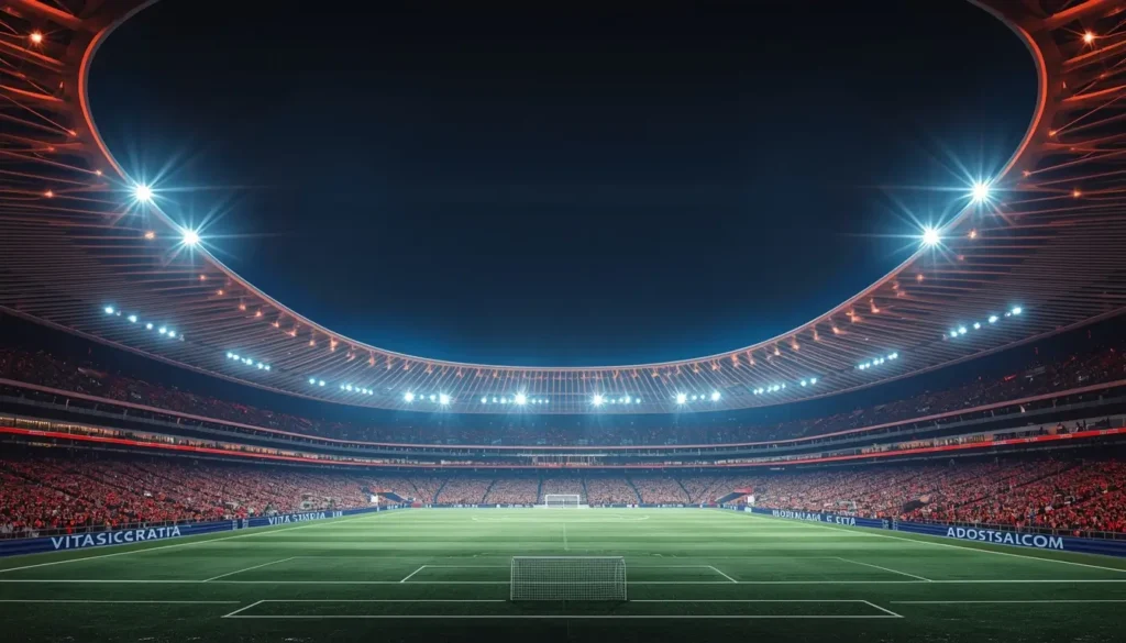 A modern football stadium in Saudi Arabia filled with fans under night lights and advanced architecture