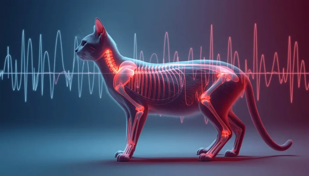 Visualization of low-frequency vibrations from a cat’s purr supporting healing.Illustration showing vibration waves radiating from a cat’s throat to its body, symbolizing healing effects.
