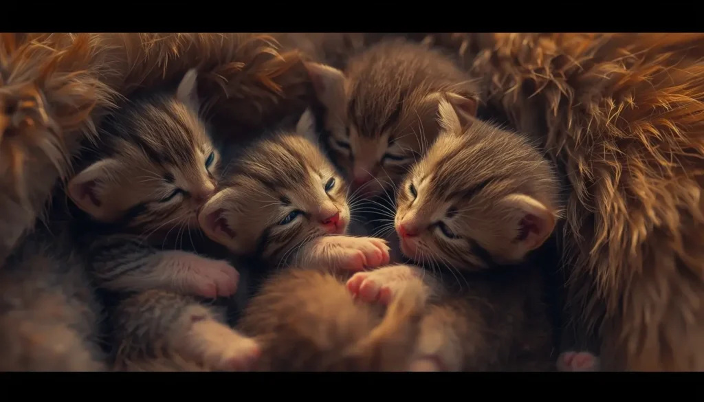 Group of newborn kittens with their mother, all showing signs of purring.