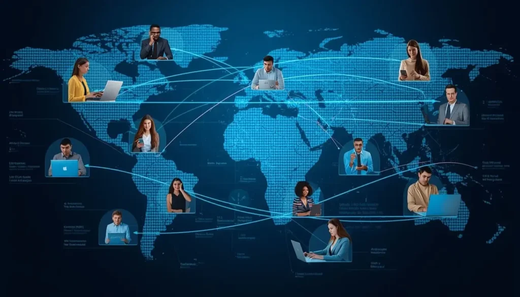 Diverse individuals communicating globally using social platforms, linked by digital network lines