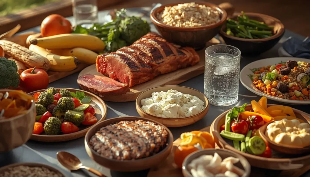 Diverse nutritious meals on a table with a glass of water and Food and water