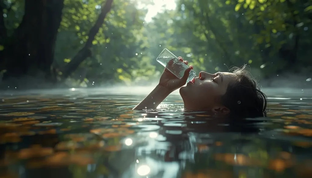 Person drinking water from a spring surrounded by nature