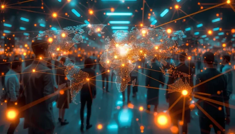 A realistic scene of diverse people worldwide connected through glowing network lines and icons representing communication, creativity, education, and business, symbolizing global collaboration.