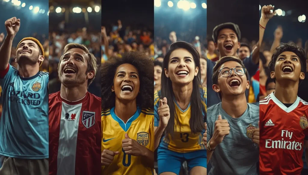 Football fans from different countries watching a match together and celebrating with team jerseys and flags
