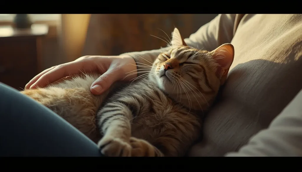 Human hand petting a relaxed cat sitting on their lap, showing contentment and purring.