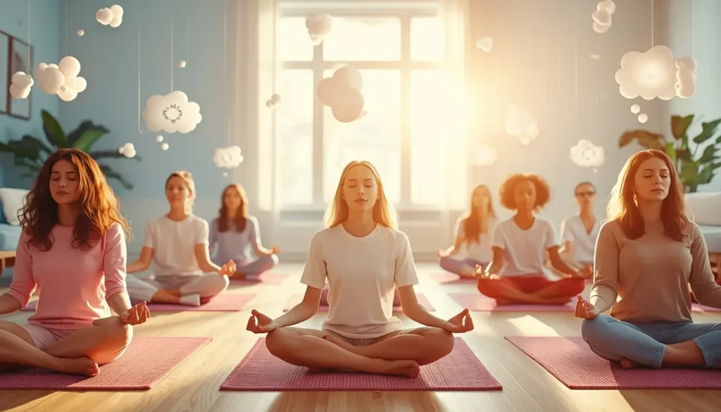 Diverse group of people, including teenagers and adults, meditating in a bright, peaceful environment with soft natural light, sitting on cushions and yoga mats, focusing on mindfulness and stress relief