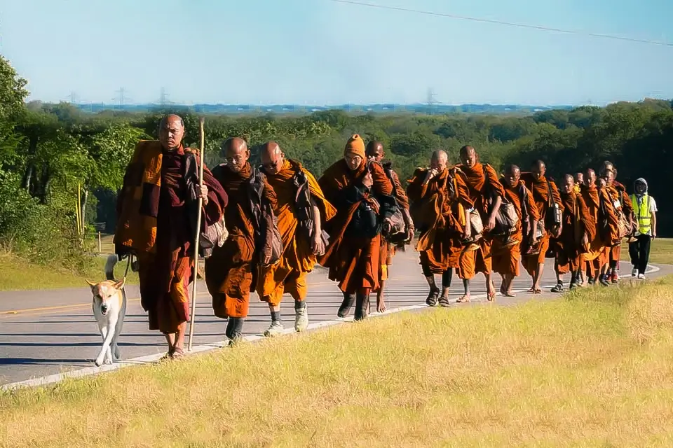walk for peace, A group of monks are walking along the road with their dog.(Aloka)