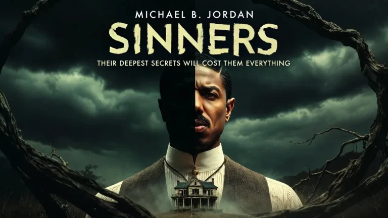 Hyper-realistic cinematic poster of Sinners Movie showing Michael B. Jordan as twin brothers in a 1930s Southern Gothic town with mystical shadows, fog, and glowing symbols, cinematic lighting highlighting their faces.
