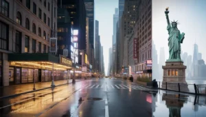 Night view of New York City showing a bright Broadway street with glowing theater marquees and neon lights, with the Statue of Liberty visible in the distance, reflecting on rain-wet streets.