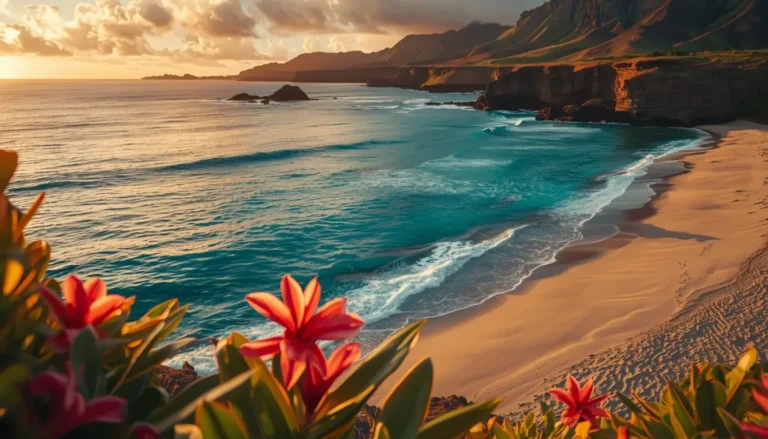 Aerial view of Maui coastline with crystal-clear turquoise water, white sandy beaches, lush palm trees, and volcanic cliffs at golden hour