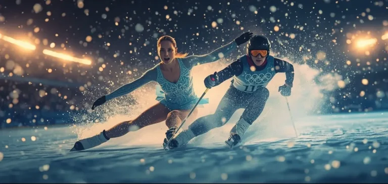 Winter Olympics athletes in action with figure skater and downhill skier racing on ice and snow in a dramatic Olympic stadium