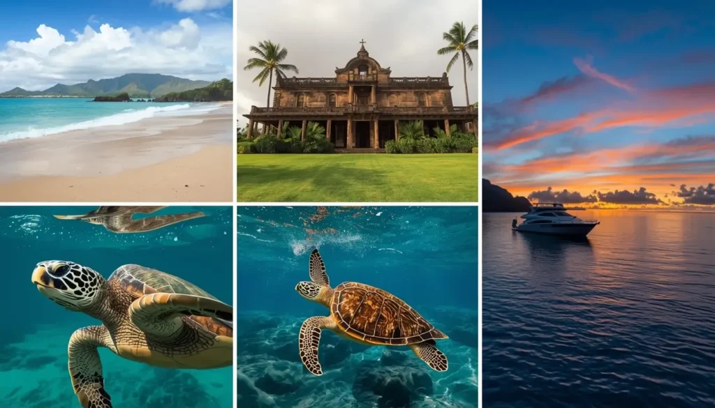 Collage of Maui experiences including beaches, snorkeling, waterfalls, sunset cruise, and cultural landmark