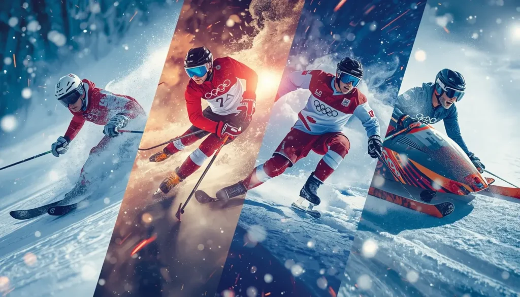 Multiple Winter Olympic sports including skiing, figure skating, ice hockey, and bobsleigh shown in one dynamic scene