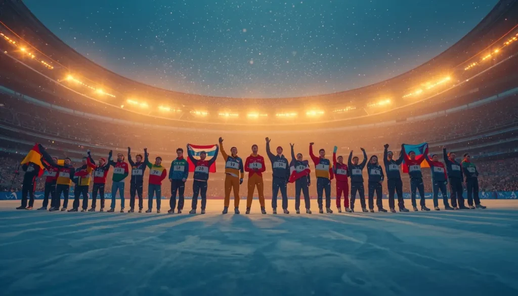 Winter Olympic athletes from different countries standing together in a stadium with national flags