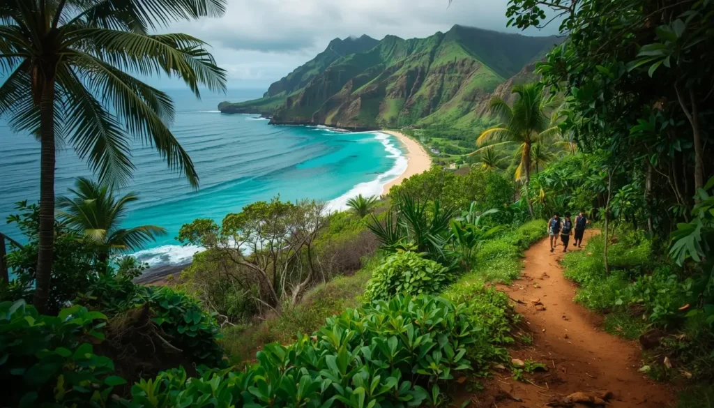 Scenic Maui coastal path weaving through rainforests with hikers and sunlit foliage