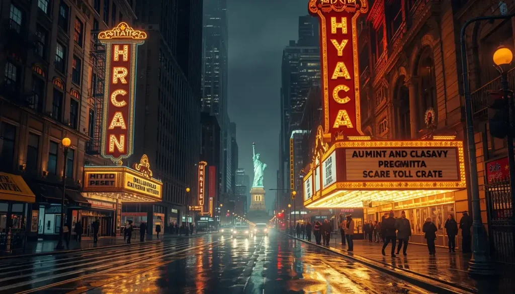 Times Square at dusk with neon signs lighting up and pedestrians taking photos