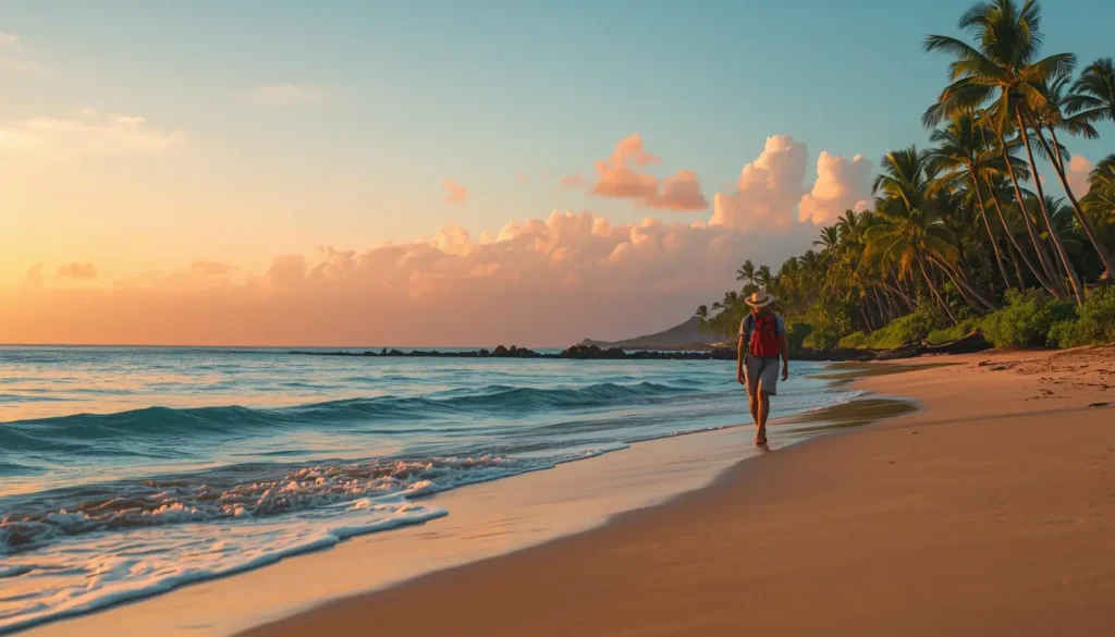 Traveler walking along Maui beach at sunrise surrounded by tropical greenery and flowers