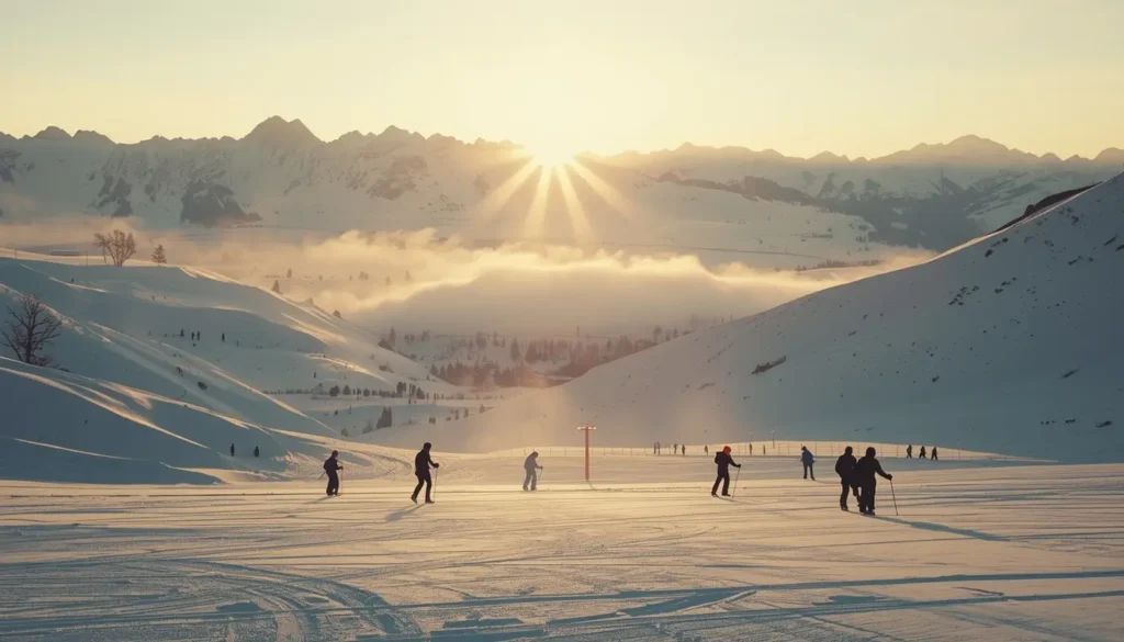 Winter Olympics athletes training on snowy mountains at sunrise with skis and snowboards in a scenic winter landscape