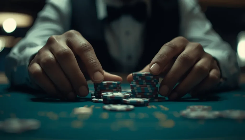 Close-up of hands stacking poker chips on a casino table with dramatic lighting, shallow depth of field, creating tension and anticipation