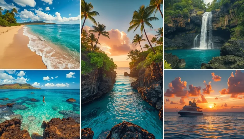 Collage of Maui experiences including beaches, snorkeling, waterfalls, sunset cruise, and cultural landmark