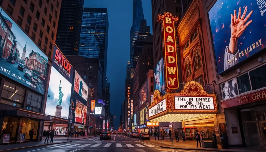 Composite view of Times Square at night, Broadway theater entrance, and Statue of Liberty across the water