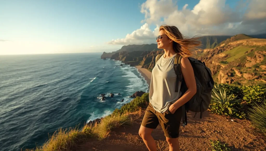 Traveler standing on scenic Maui cliff overlooking ocean with tropical vegetation and sunlight