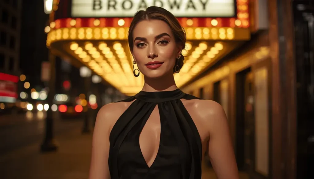 Stylish woman near Broadway theater at night with warm glowing lights and confident posture