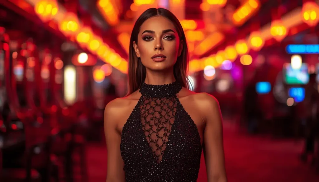 Elegant woman in a fashionable evening dress under neon casino lights, glowing skin tones, confident posture, soft bokeh background