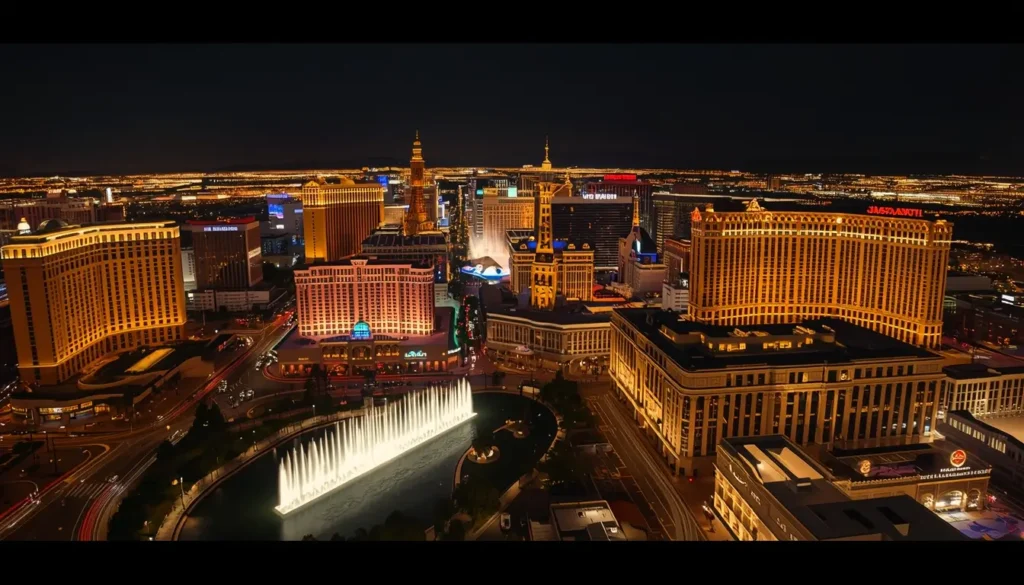 Panoramic night view of the Las Vegas Strip with fountains, glowing casino lights, and soft silhouettes of the crowd