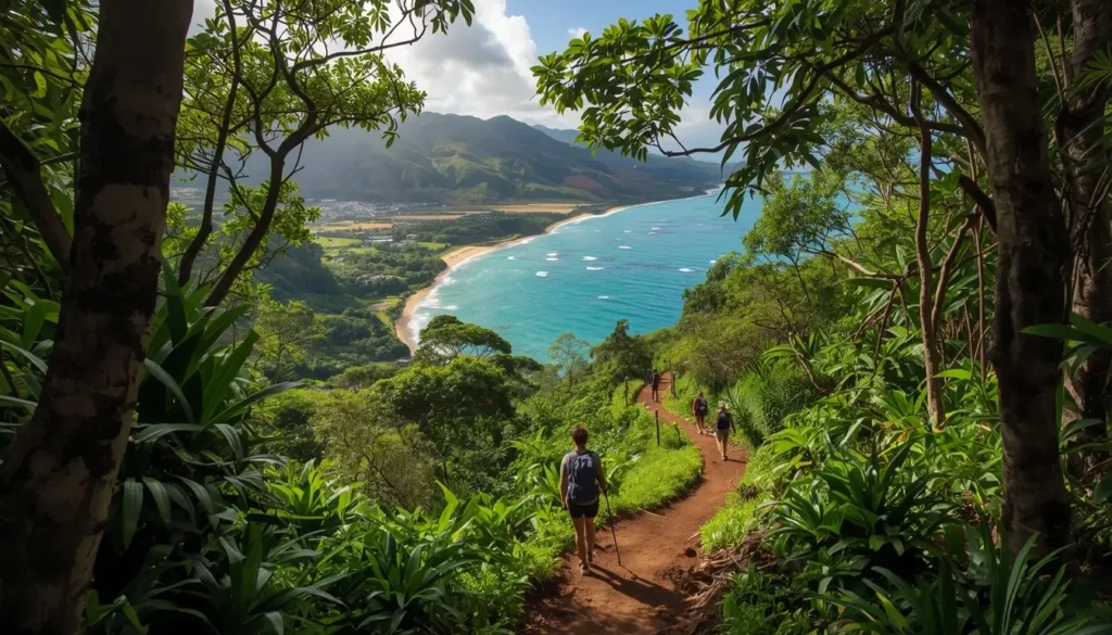 Scenic Maui coastal path weaving through rainforests with hikers and sunlit foliage