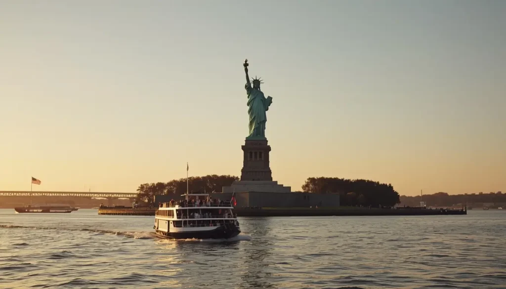 Statue of Liberty at sunrise with a ferry in the foreground and calm water reflections