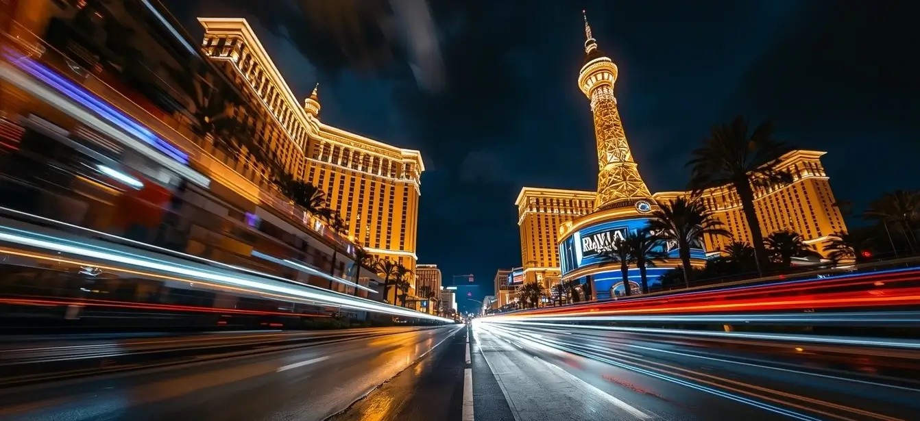 Night view of Las Vegas Strip with glowing neon lights reflecting on wet pavement, luxury casinos towering under a dark sky