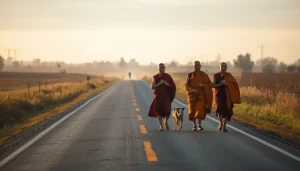 Buddhist monks walking peacefully along a quiet road in the United States during a Walk for Peace at sunrise