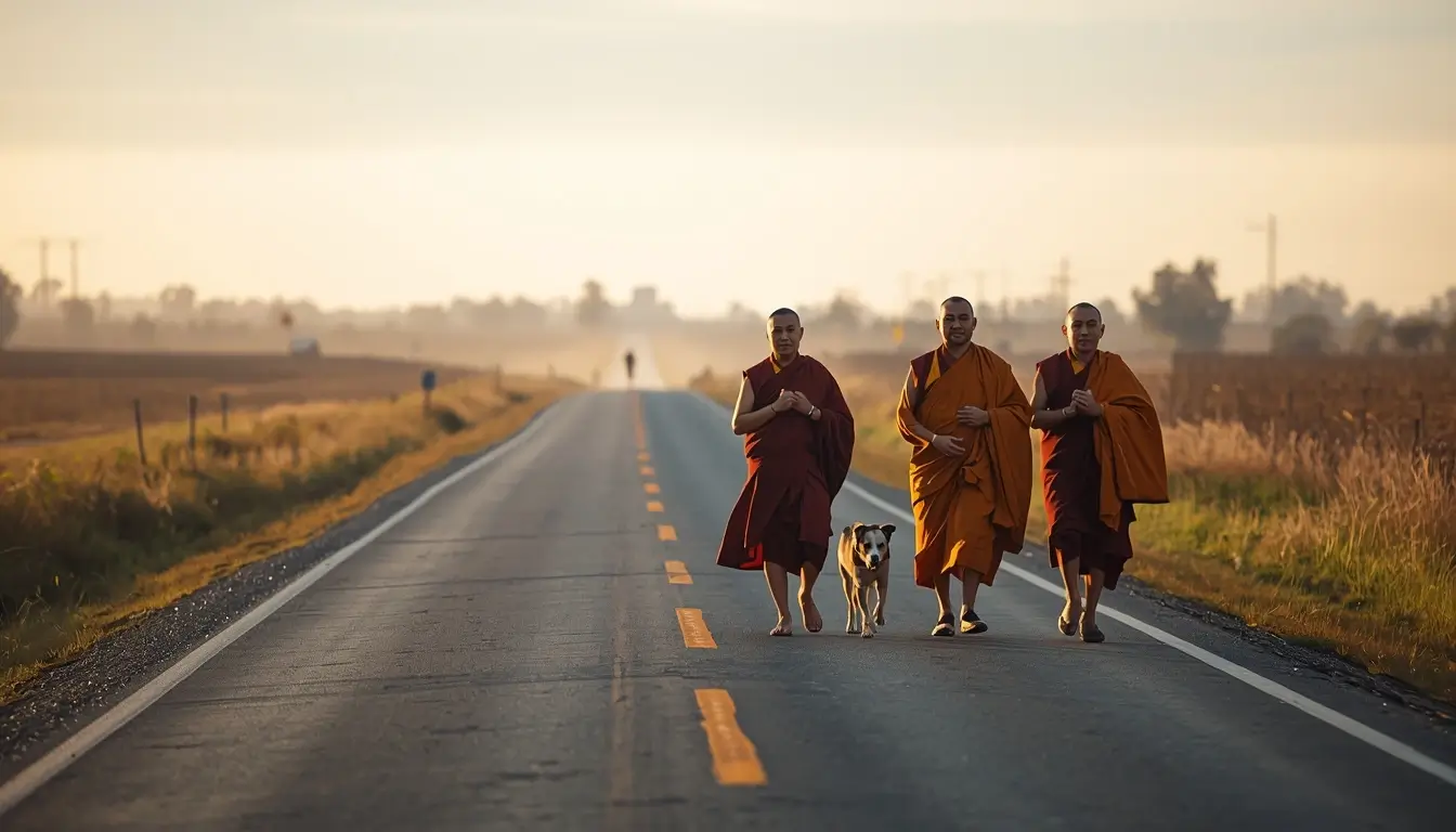 Buddhist monks walking peacefully along a quiet road in the United States during a Walk for Peace at sunrise