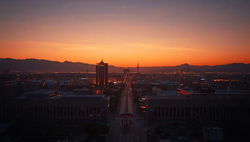Las Vegas Strip during dusk with soft orange and violet sky, city lights just beginning to glow, silhouettes of people walking along the streets