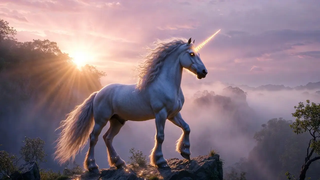 Majestic unicorn with glowing horn in a misty forest representing ancient myths and historical evidence of unicorns