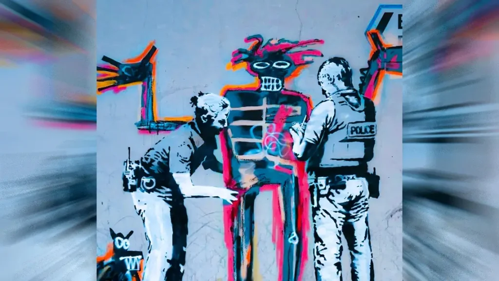 A skeleton character interacts with police Street Art